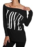 Phoenix Womens Long Sleeve Off Shoulder LOVE Print Tops T-shirt