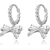 MYHAO Bow Drop Hoop Earrings for Women Teens 925 Sterling Silver Bow Huggie Earrings Bowknot Hypoallergenic