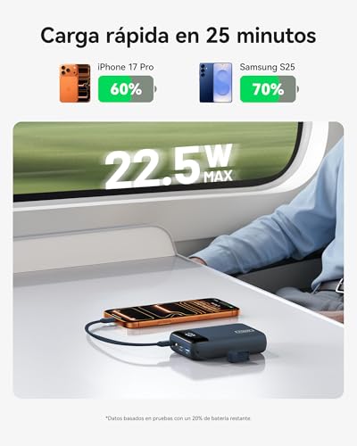 Power Bank, Ultrapequeño 20000mAh 22,5W Carga Rapida Bateria Externa con Cable USB C Adjunto, Apto para Avión, Esenciales de Viaje, Bateria Portatil para iPhone 17 16, Samsung, Xiaomi, Azul