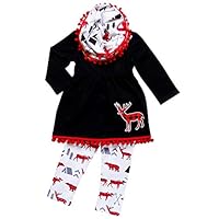 So Sydney Toddler Girls 3 Pc Winter Christmas Holiday Ruffle Tunic Outfit, Scarf (M (4T), Pom Deer Red Plaid)