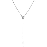 Savlano 925 Sterling Silver Italian Solid 2MM Bead Chain Cross & Rosary Virgin Mary Pendant Y Necklace Comes With Gift Box for Women - Made in Italy