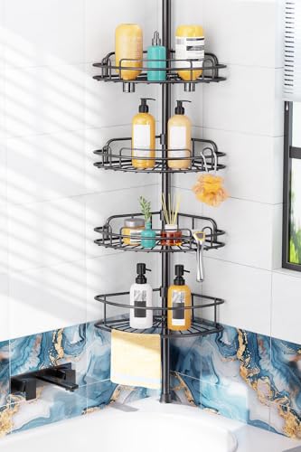 HAMITOR Dusch-Caddy-Spannstange: 4-stöckig, rostfrei, Badezimmer-Eckregal-Organizer für Mieter, kein Bohren, großes Shampoo-Aufbewahrungsregal, verste