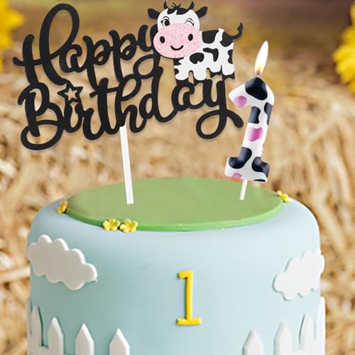 Birthday Decoration 1 Year with Cow Theme Happy Birthday Cake Decoration and Candles Birthday, Decoration Birthday 1 Year for Children Girls