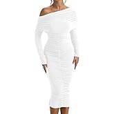 LAGSHIAN Women's Elegant Bodycon Long Sleeve Midi Dress Fall Off The Shoulder Ruched Cocktail Party Dresses