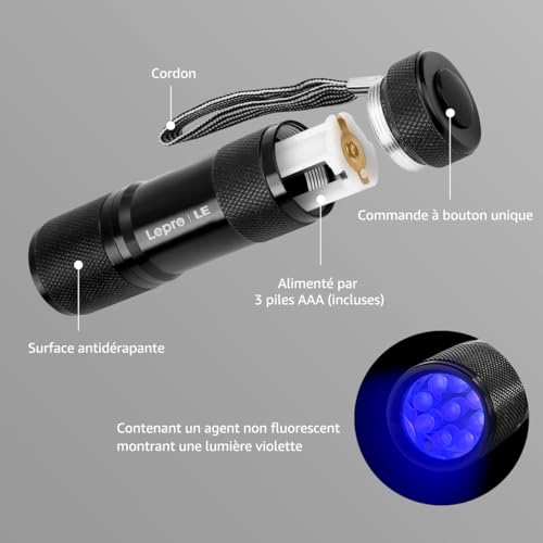 Lighting EVER Lepro UV Lamp, 395nm UV LED Black Light Ultraviolet Light, 6 AAA Batteries Included for Fluorescent Tracers Dog Cat Mat Urine Detector Scorpion Checks Money, Pack of 2