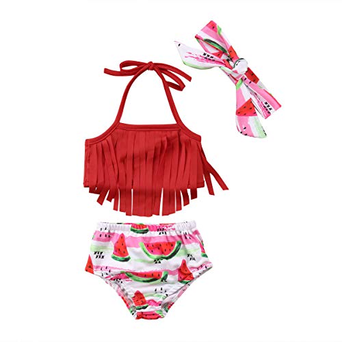 Toddler Kids Baby Girl Swimwear Cute Dinosaur Print Tassel Top Bikini Set Summer Swimsuit Beachwear with Headband (Watermelon-Red, 12-18 Months)
