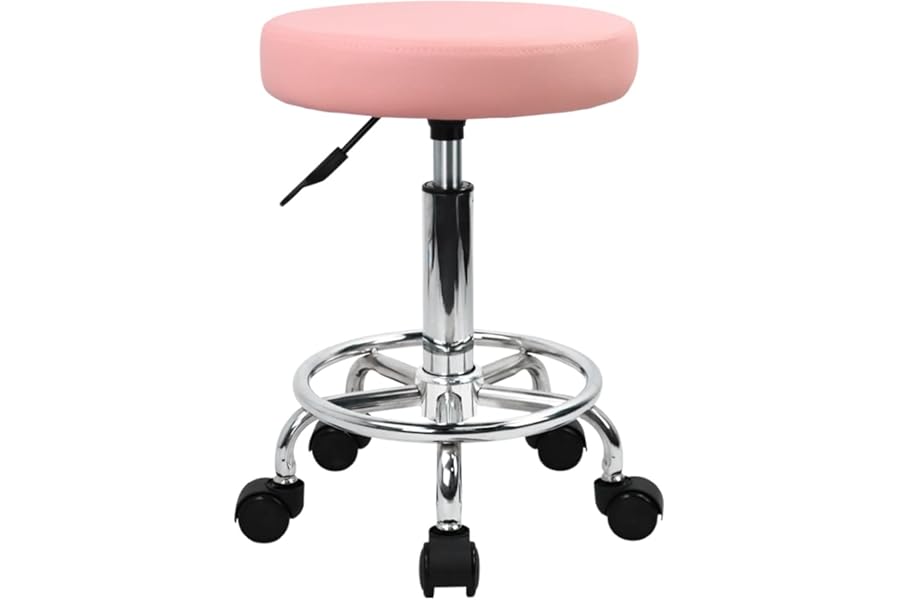 KKTONER PU Leather Round Rolling Stool with Foot Rest Swivel Height Adjustment Spa Drafting Salon Tattoo Work Office Massage Stools Task Chair (Pink)