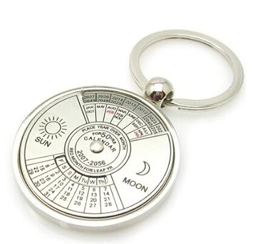 Fambook Silver Stainless Steel 50 Years Compass Perpetual Design Calender Trendy Keychain/Keyring/Keyorganiser