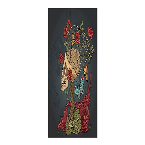 Decorative Privacy Window Film/Evil Mexican Sugar Skeleton with Kitsch Bush of Roses Snake and Butterfly Artwork/No-Glue Self Static Cling for Home Bedroom Bathroom Kitchen Office Decor Ruby Dark Grey