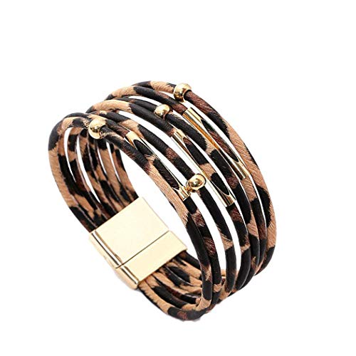 IEnkidu Women Leopard Bracelet Metal Pipe Charm Multilayer Wide Leather Wrap Bangle Gift Bangle - //medicalbooks.filipinodoctors.org