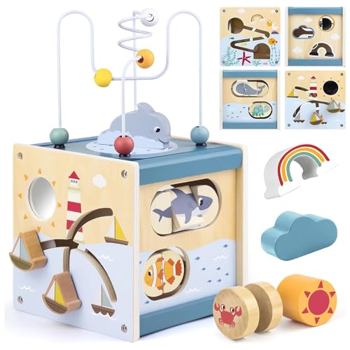 AM ANNA Wooden Activity Cube for Toddlers 1-3, in 1 Ocean Animal Shape Sorter Bead Maze Montessori Toys Baby 6-12 Months,Baby Activity Cube 1-3 Boys Girls Baby Sensory Interactive Birthday Gift