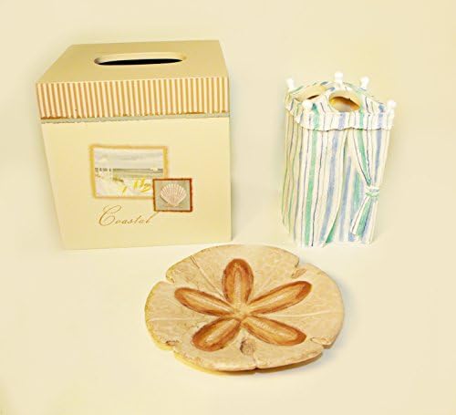 Coastal Collage Set of 3 Bath Accessories: Tissue Box Cover, Toothbrush Holder and Sand Dollar Soap Dish