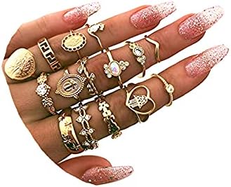 BERYUAN Rings Crystal Rings for Women Rings for Teen Girls Gold Rings Womens Rings Cute Rings Stackable Rings Set（15Pcs)(Rings Size 5 6 7 8 9)