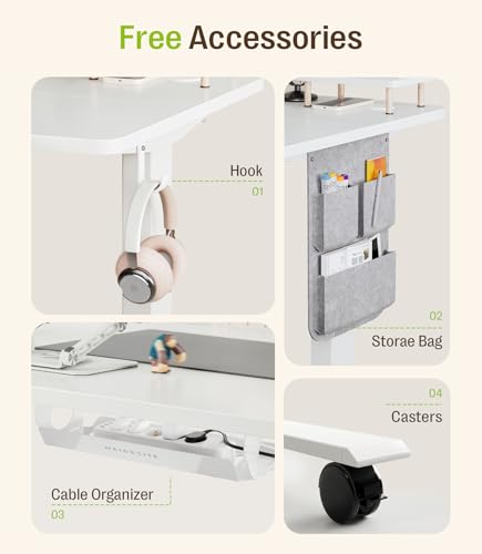 MAIDeSITe Height Adjustable Electric Lift Table, 120 x 60 cm Standing and Sitting Table with Cable Tray, Hook and Storage Pockets, Lift Table with Memory Controller