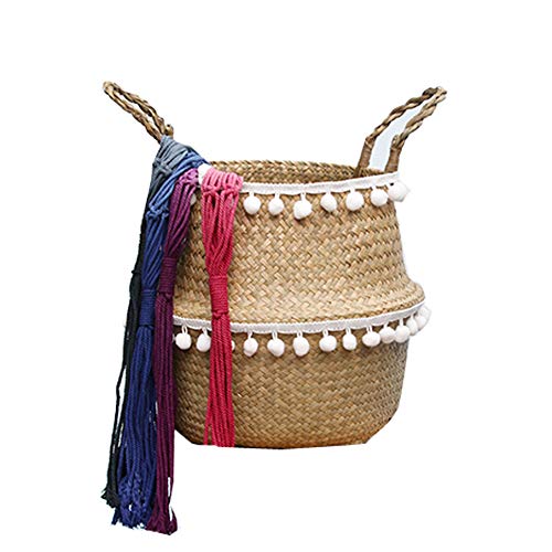 SZETOSY Natural Seagrass Storage Basket - GOODCHANCEUK Seagrass Belly Basket With PomPom Foldable Woven Basket With Handle for Laundry, Toys or Planters,Nursery Style#5 32x28CM
