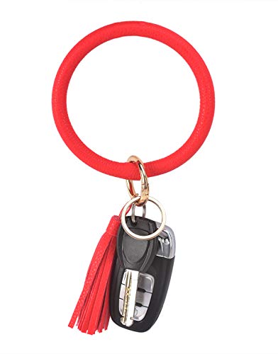 Coolcos Wristlet Keychain Bracelet Bangle Keyring - Large Circle Key Ring Leather Tassel Bracelet Key Chain Holder For Women Girl (Red)