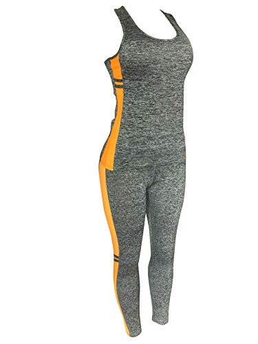 Women Sports Gym Yoga Workout Activewear Sets 2 Pieces Top+Leggings Set (M/L, Grey/Orange Touch) - Thumbnail 5