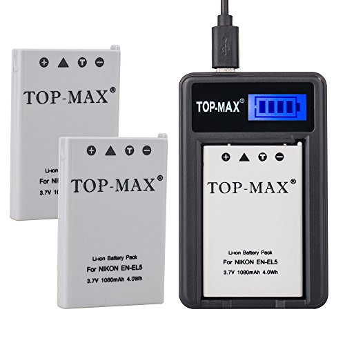 TOP-MAX EN-EL5 Battery (2-Pack) and USB Charger for Nikon CoolPix P530, P520, P510, P100, P500, P5100, P5000, P6000, P90, P80, 4200, 5900, 7900, P3, P4, S10 Cameras