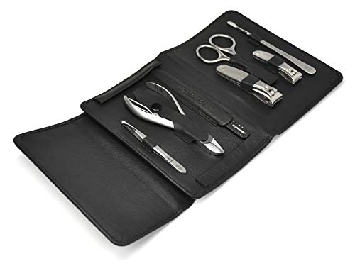 7pcs Manicure Pedicure Set German FINOX Surgical Stainless Steel: Cuticle Nippers, Toenail Clippers, Nail Clipper, Cuticles Scissors, Pusher, Tweezers and Glass Nails File in Leather by GERmanikure