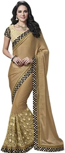 Odhni Women's Indian Bollywood Embroidered Beige Satin Chiffon Net Saree