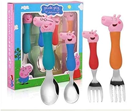 Vikas gift gallery Cartoon Theme Stainless Steel Baby Feed Spoon and Fork Set ( Multicolour )