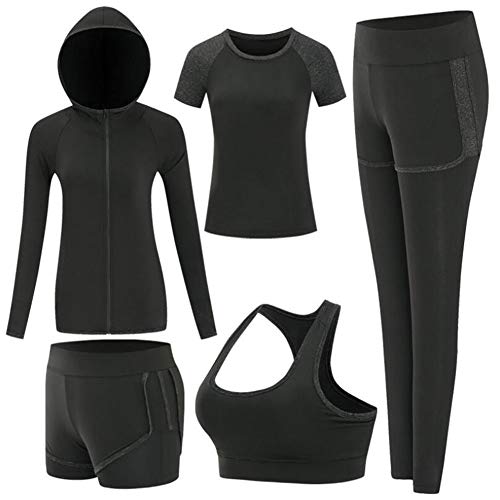 ZETIY Women's Activewear Set 5 Piece Yoga Jogging Workout Clothes Athletic Tracksuits (Large, Black)
