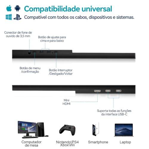 Monitor portátil de 15,6 polegadas, conectividade USB-C e HDMI, resolução Full HD 1080p, falantes integrados compatível com diversos dispositivos–Preto