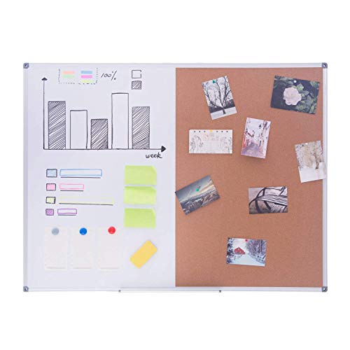 Magnetic Dry Erase and Cork Bulletin Board Combination - 4 Thought 36'' X 24" Magnetic Whiteboard & Cork Board Combo with Aluminum Frame, 10 Push Pins and Marker Tray Included