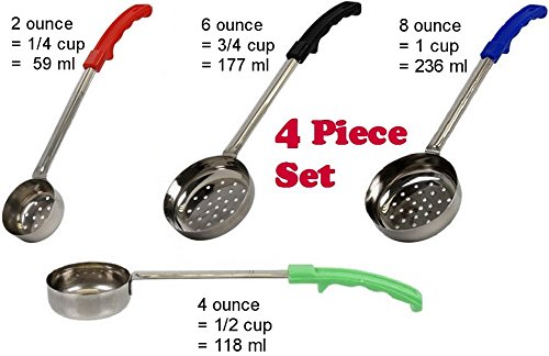 Set of 4 - Portion Control Slotted Spoon Ladles 2 oz 4 oz 6 oz 8 ounce Color Handles Spoodles