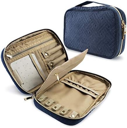 Micropromo Travel Jewellery Organizer, Soft Padded Traveling Jewelry Storage Cases for Earing Necklace Rings Watch Bracelets, 2-in-1 Jewelry Case + Make up Bag (Blue)