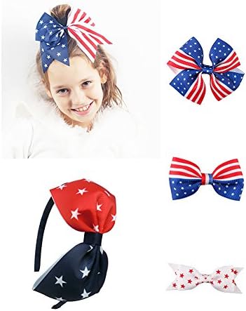 Gemgeny Girls Kids USA America Flag Grosgrain Ribbon Bows /Clips For Toddlers Baby Teens 1 Big Headband, 1 Hair Bow Ties, 3 Medium Hair Bows