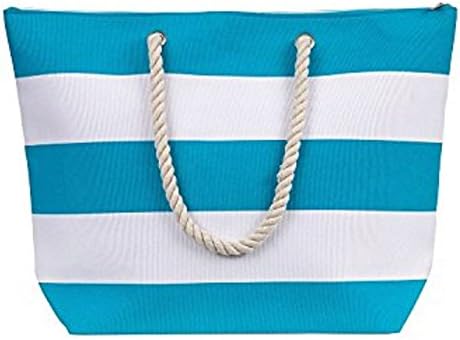Large Water Resistant Canvas Striped Beach Bag - Inside Lining, Zippered Inner Pocket, Top Handle (Turquoise White)