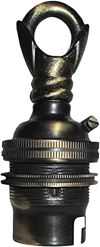 1 Pack Traditional Earthed Solid Brass Lampholder with Shade Retaining Ring and Metal Deco Styled Closed Loop | Brushed Antique Finish - no lacquer | B22|B22D | Bayonet Cap