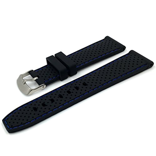 Universal 22mm Black Silicone Watch Band Waterproof Sport Watch Strap Blue Stitching