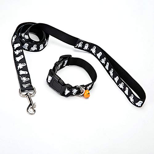 SIBOSUN Halloween Dog Collar and Leash Set - Halloween Dog Leash and Collar with Cute Bell for Dog Cat Pet Ghost Pattern - L Size