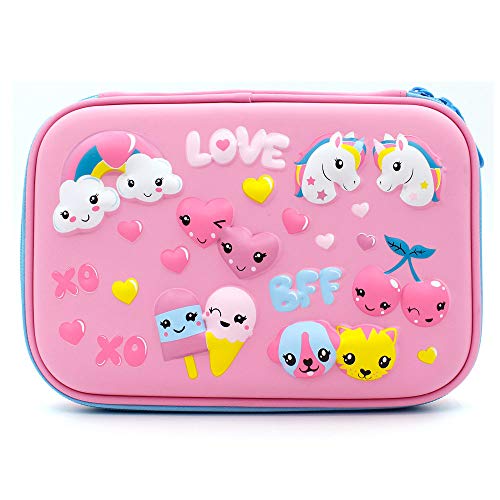Cute Unicorn Love Embossed Hardtop Pencil Case - Girls School Supply Stationery Organizer - Large Capacity Kids Pen Box Pouch Bag with Compartment (Light Pink) - Thumbnail 5