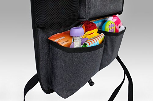 Backseat Car Organizer for Kids Toys & Baby Wipes with X-Large iPad Tablet Holder + BONUS HOOK, Luxury durable fabric, plenty of storage, firm fit, easy to install, kick mat protector for back of seat