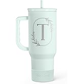 Personalized Monogrammed Tumbler with Handle 40oz, Letter T Tumblers Insulated Coffee Travel Cup, Custom Initial Gift for Women Girls Friends, Monogram Gift for Christmas Birthday Mothers Day