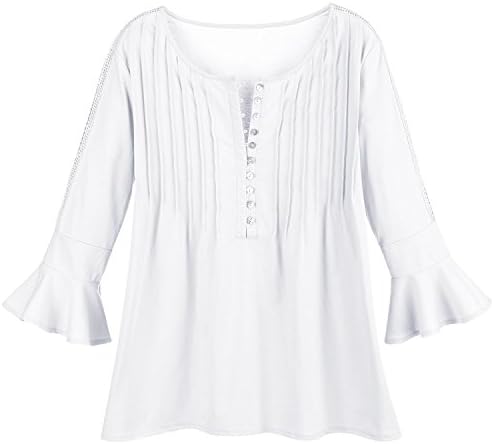 Kaktus Sportswear Women's Pleated Tunic Top - 3/4-Length Ruffle Sleeve Shirt