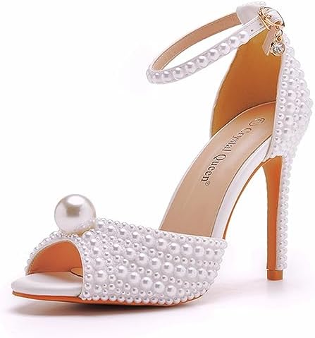 Crystal Queen 4.15 inches Full Pearls Stiletto Heels Sandals Peep Toe Bride  Wedding Party Evening Dress Shoes Women's Ankle Strap Sandals-White-7,  White 4.3 Inches, 7 price in UAE | Amazon UAE | kanbkam