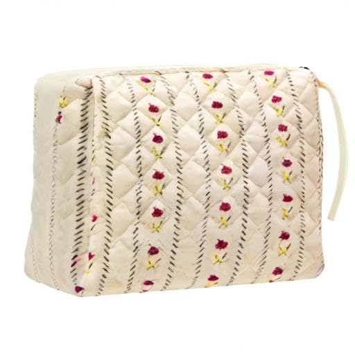 PAZIMIIK Quilted Makeup Bag Large Travel Zipper Soft Cosmetic Pouch for Women Girls Make Up,Little Flower Beige