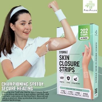 Posi Pulse Sterile Skin Wound Closure Strips. 202 Strips in 44 Packs - Improved Healing, Reinforced Design, Latex-Free, Adhesive Backed, for Lacerations, Incisions, Sutures, 3x75,6x38,6x75,12x100mm