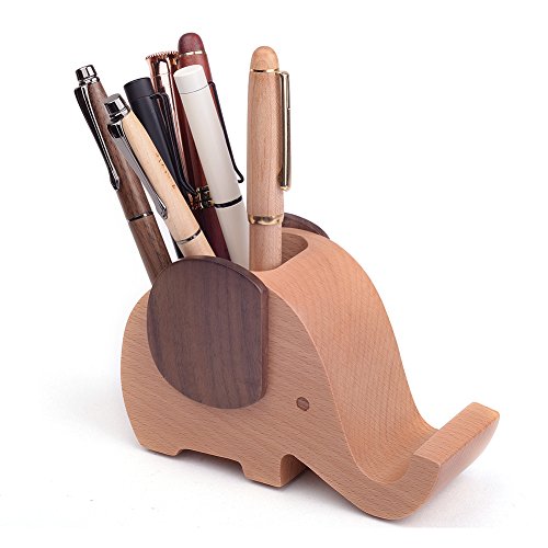 Artinova Elephant Wooden Pen Cup Pencil Holder for Desk Decor Desk