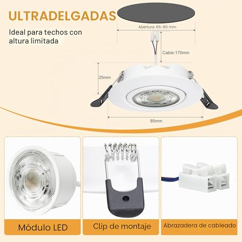 Aulaiyi 3CCT LED Downlight Recessed Ceiling 230V Dimmable 68mm 5.5W IP44 Portholes Extra Flat LED Spotlights Interior Ceiling 45° Rotatable Recessed Spotlight for Bathrooms, White 6 Pack
