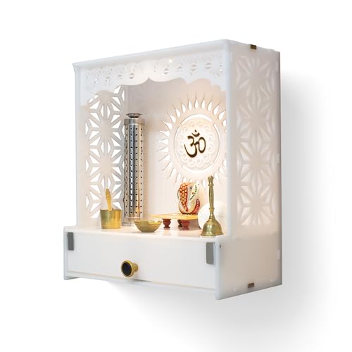 Heartily® Acrylic Shree Beautiful Pooja Stand for Home Mandir for Home Temple for Home and Office Puja Mandir for Home and Office Wall with LED Spot Light Product (H- 18, L- 16, W-8.75 Inch)