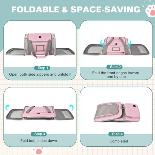 BTNEEU Foldable Cat Carrier Carrier Small Dog Carrier Airline Approved Breathable Carrier Bag with Inner Strap, Washable Soft Cushion and Adjustable Shoulder Strap (Pink)