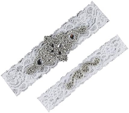 Samfly Women's Wedding Bridal Lace Garter Set Keepsake Toss Tradition Vintage Rhinestone (White)