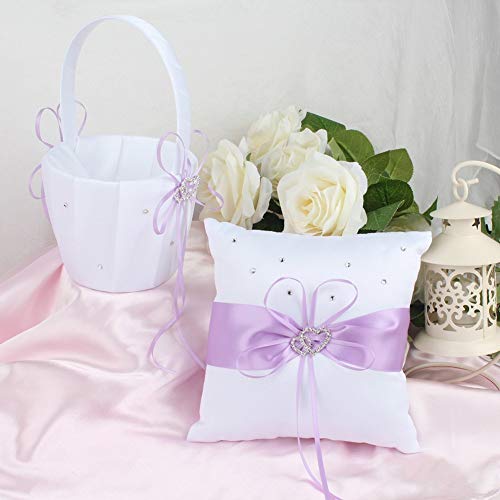 KANECH 5pcs Sets-Light Purple Satin-Wedding Flower Girl Basket and Ring Bearer Pillow Set (Ring Pillow + Flower Girl Basket + Wedding Guest Book +Pen Set + Garter Cover) - Thumbnail 2