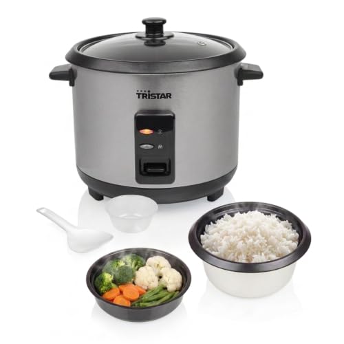 Tristar Reiskocher, 1,5 L Kapazität, Edelstahlgehäuse, Dampfgaraufsatz, Automatische Abschaltung, Warmhaltefunktion, 500 W, RK-6145
