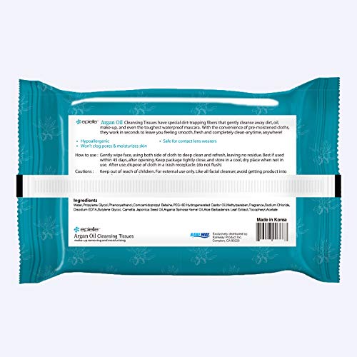 Epielle Argan Oil Facial Makeup Remover Cleansing Tissues Wipes Towelettes - 60ct (Sheets) per pack, 4 packs